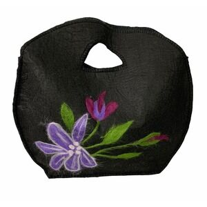 Black Felted Handbag Purple Floral Design Snap Closure Flowers 14 x 14" Lined